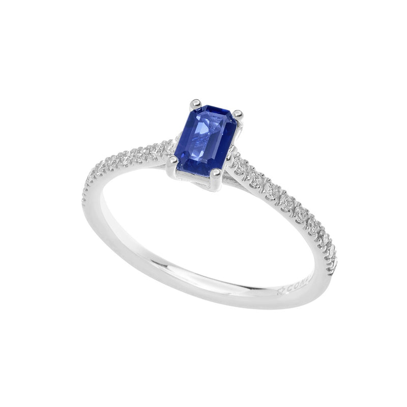 Anello donna Comete classico in oro bianco con zaffiro blu ottagonale e diamanti su metà gambo ANB 2565