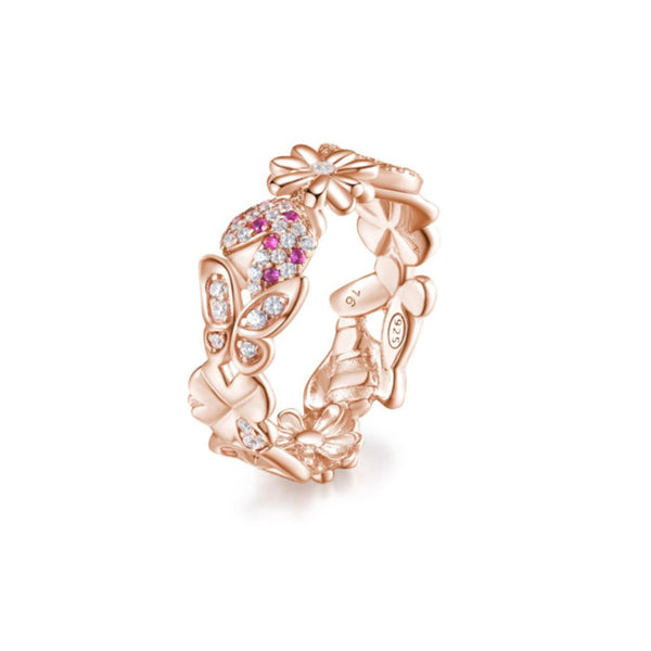 Anello Rosato RZGA32 fascia primavera rosè con fiore, coccinella, farfalla, quadrifoglio, simbolo pace, ape e zirconi.