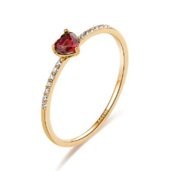 Anello ROSATO in oro giallo 9 kt con pietra di granato rossa a forma di cuore e diamanti su parte del gambo RGAA005