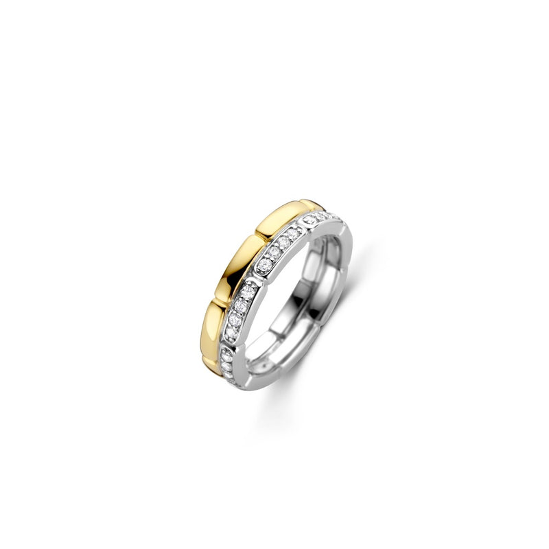 Anello TI SENTO fascia con dettagli rettangolari in argento bicolore con zirconi 12271ZY