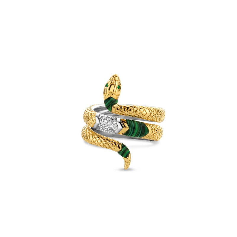 Anello donna Ti Sento serpente a due giri in argento placcato oro giallo con zirconi bianchi e verdi 12203EM variante1
