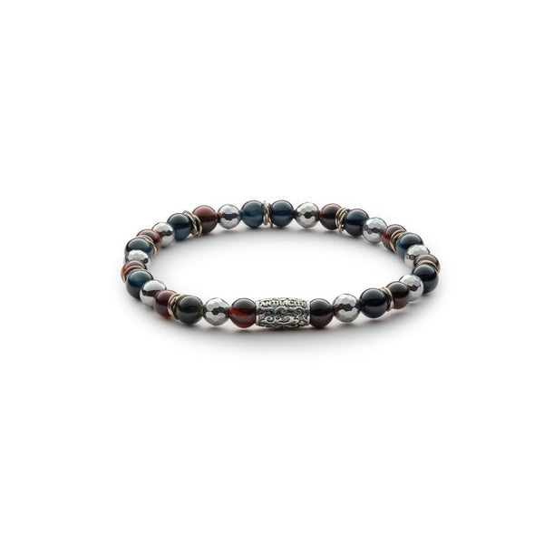 Bracciale uomo Antracite elasticizzato in argento con pietre dure naturali di occhio di tigre ed ematite Bellini