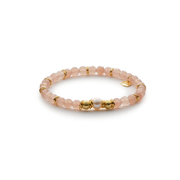 Bracciale donna Antracite elasticizzato in argento dorato con pietre dure naturali di agata rosa e perla Erica