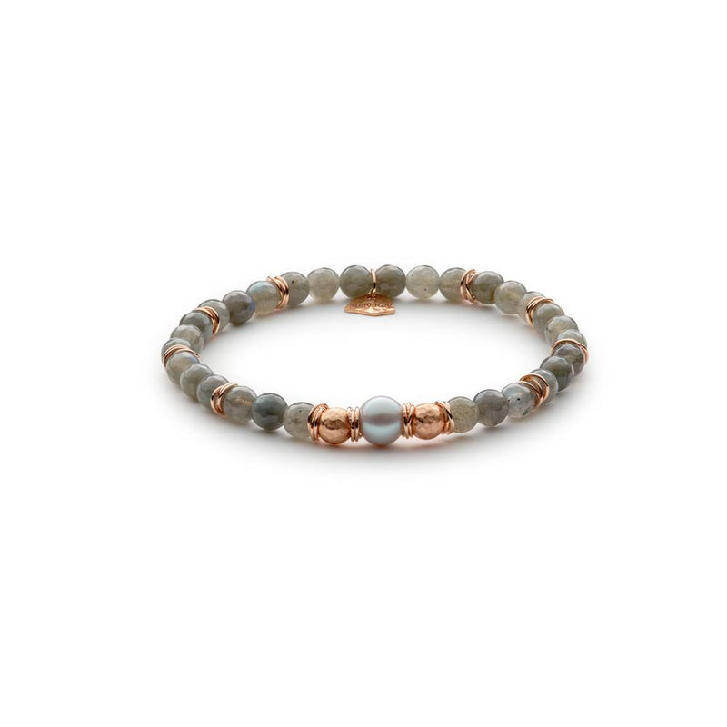 Bracciale donna Antracite elasticizzato in argento rosa con pietre dure naturali di labradorite e perla grigia Gelsomino