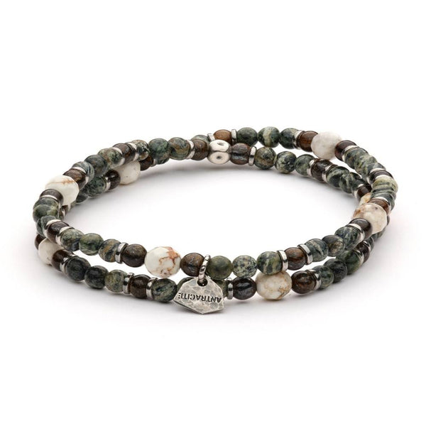 Bracciale Antracite da uomo a due giri elasticizzato in argento invecchiato con perle sferiche in pietre dure naturali Albert