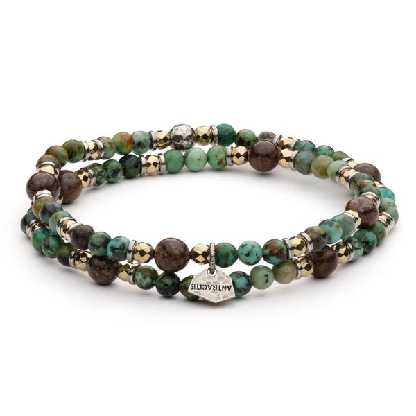 Bracciale Antracite da uomo a due giri elasticizzato in argento invecchiato con perle sferiche in pietre dure naturali Ludwig