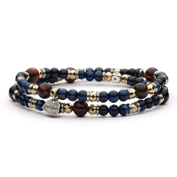 Bracciale Antracite da uomo a due giri elasticizzato in argento invecchiato con perle sferiche in pietre dure naturali Nikola Variante1