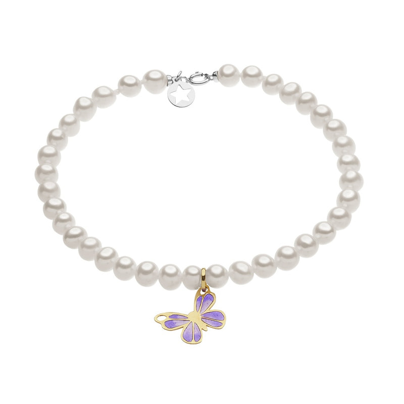 Bracciale donna Comete con perle coltivate di fiume bianche con charm a forma di farfalla in oro giallo e smalto viola BRQ 324