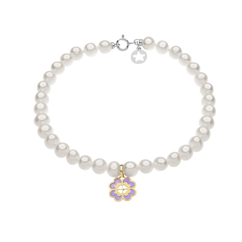 Bracciale donna Comete con perle coltivate di fiume bianche con charm a forma di quadrifoglio in oro giallo e smalto viola BRQ 323
