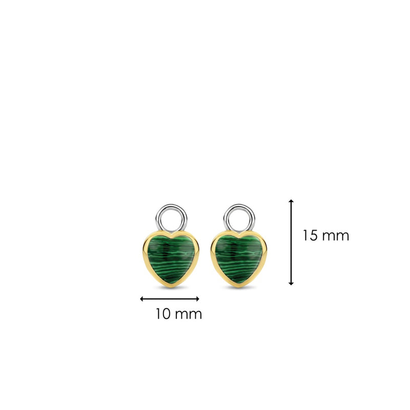 Charm per orecchini TI SENTO a cuore in argento dorato con pietre cabochon color verde malachite 9231MA Dimensioni