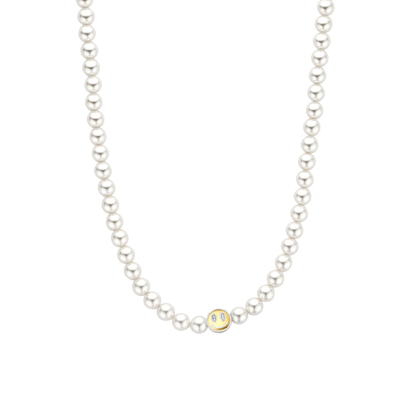 Collana Ti Sento con perle bianche 6 mm e Smile centrale in argento dorato e zirconi 34014YP