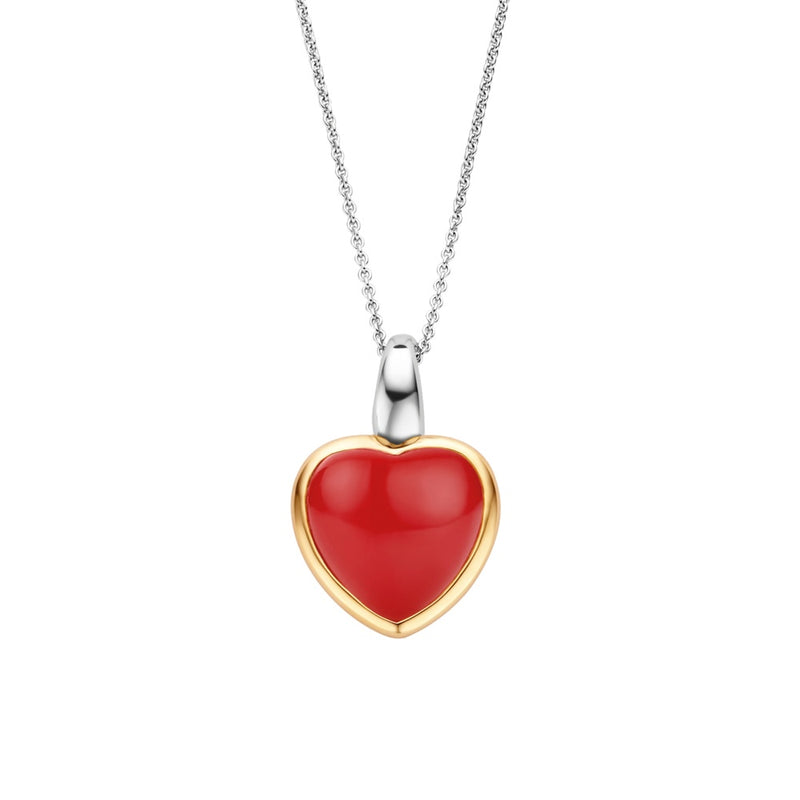 Collana donna Ti Sento in argento con pendente a cuore con bordo dorato e pietra color rosso corallo 6800CR