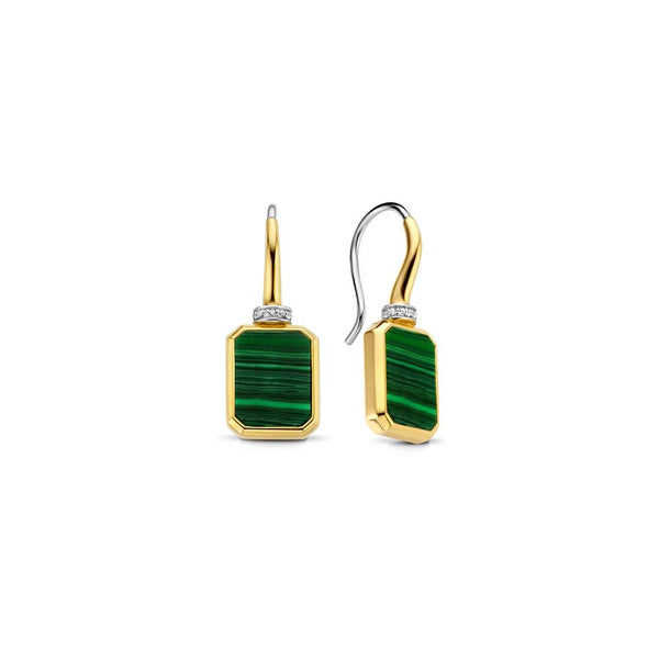 Orecchini Ti Sento pendenti in argento dorato con pietra verde malachite 7859MA