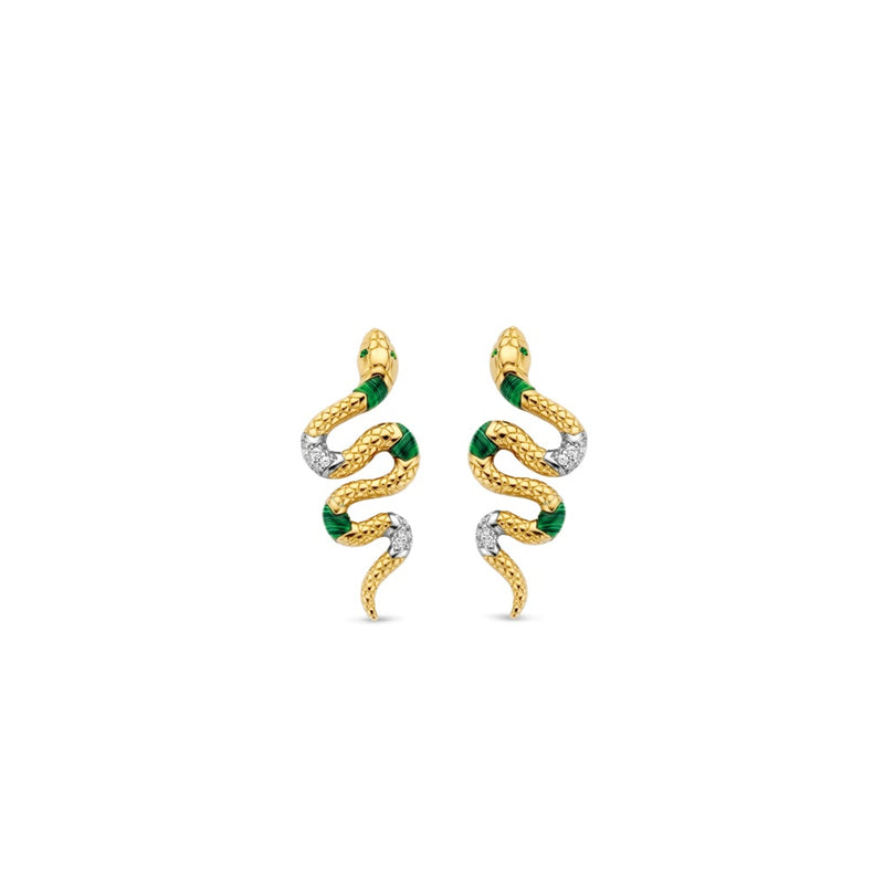 Orecchini pendenti Ti Sento a forma di serpente in argento pdorato con zirconi bianchi e color smeraldo 7827EM