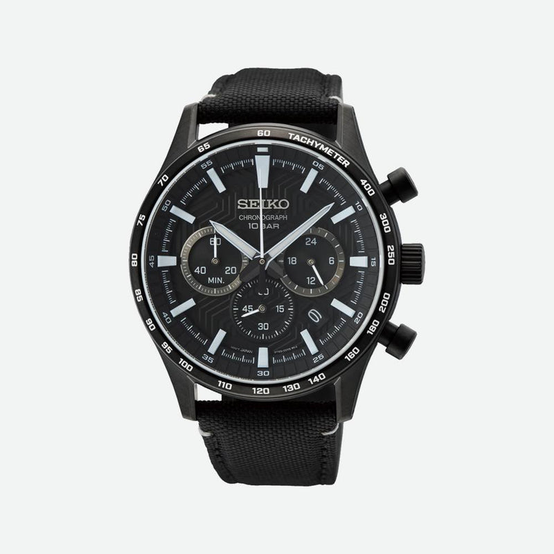 Orologio Seiko SSB417P1 uomo al quarzo crono con datario quadrante nero e cinturino in tessuto nero.