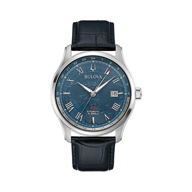 orologio uomo Bulova classic automatico GMT quadrante blu e cinturino in pelle nero 96B385