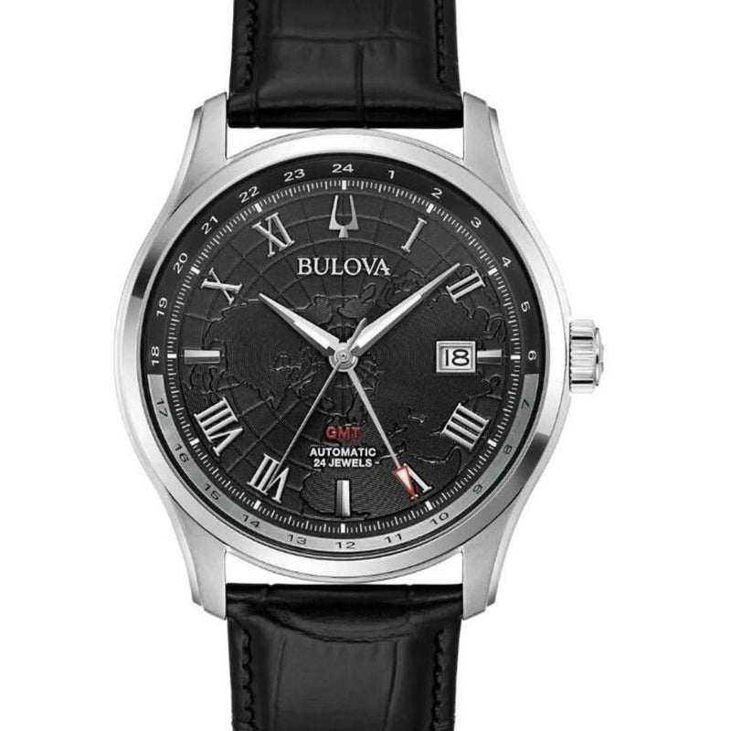 orologio uomo Bulova classic automatico GMT quadrante nero e cinturino in pelle nero 96B387