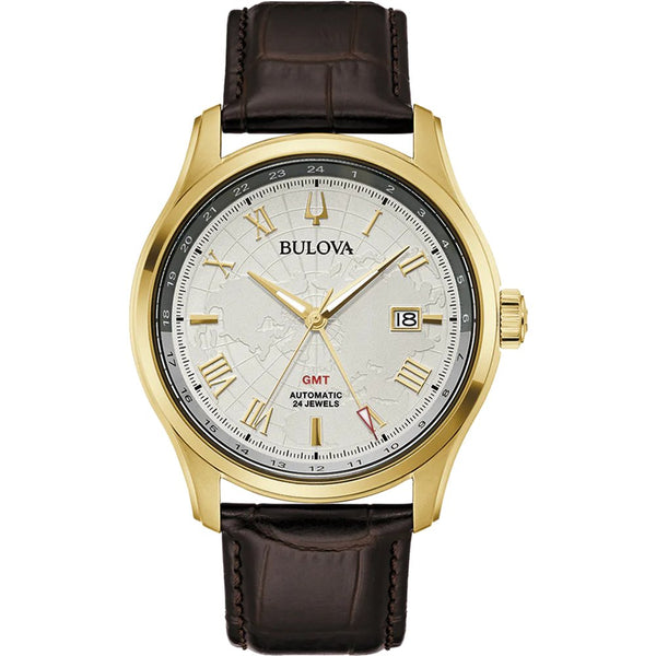 orologio uomo Bulova classic automatico GMT quadrante bianco e cinturino in pelle marrone 97B210
