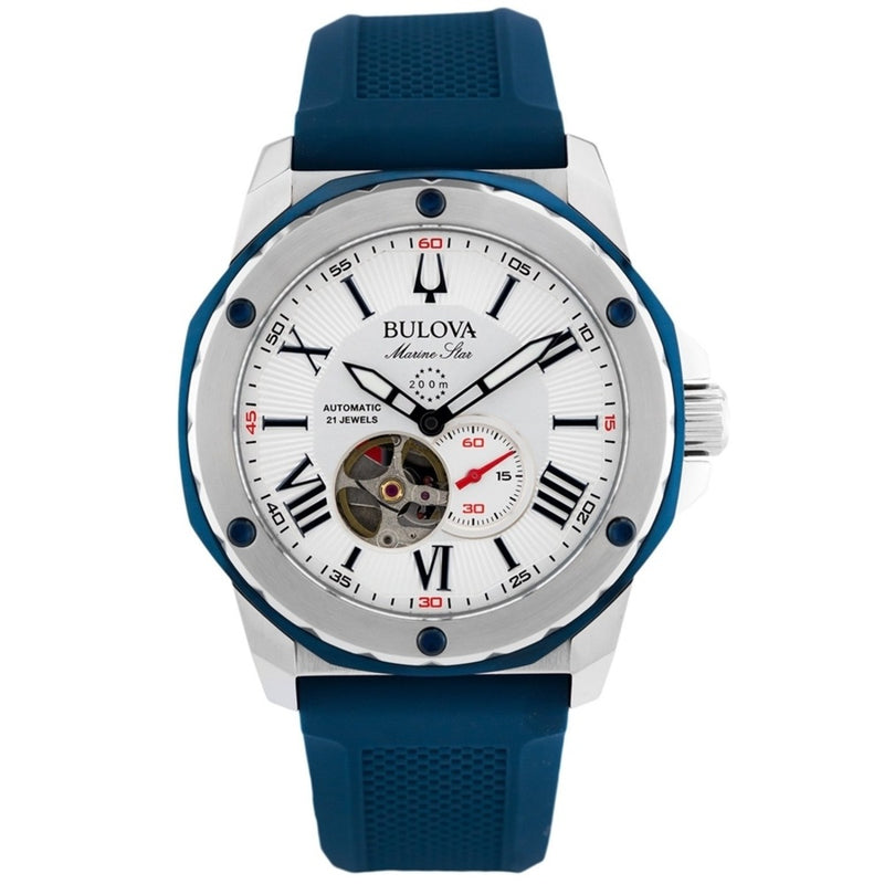 orologio uomo bulova marine star automatico quadrante bianco e cinturino in silicone blu 98A225