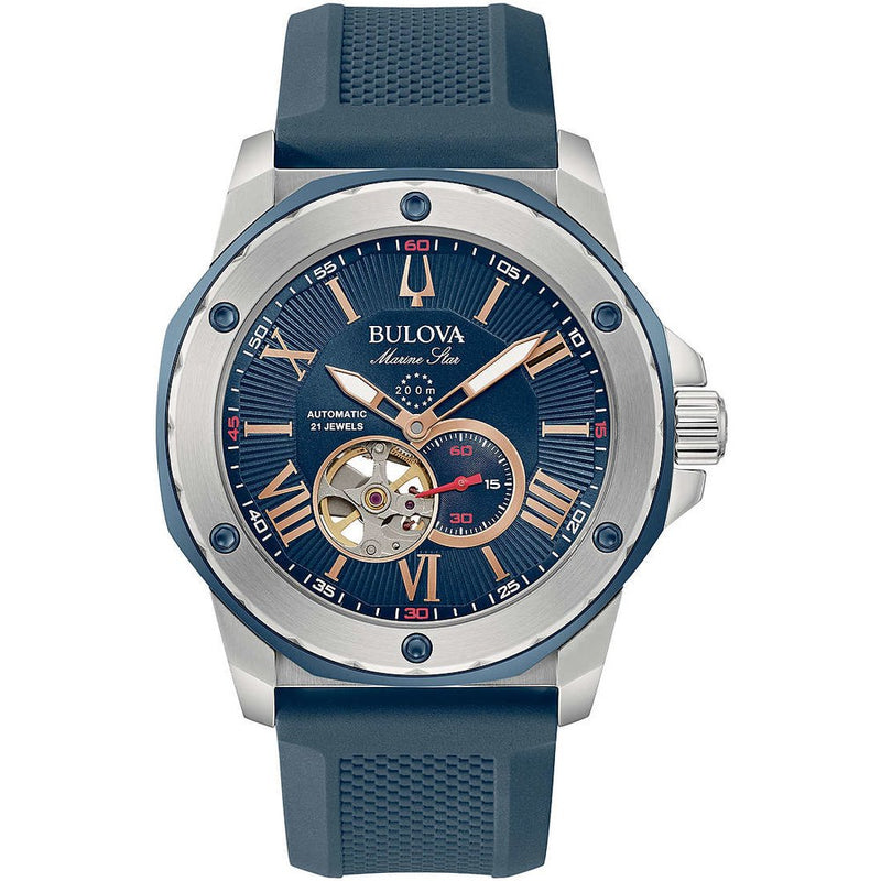 orologio uomo bulova marine star automatico quadrante blu e cinturino in silicone blu 98A282