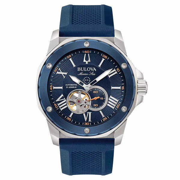 BULOVA orologio uomo Marine Star automatico quadrante blu e cinturino in silicone blu 98A303