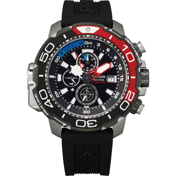orologio uomo citizen promaster aqualand cronografo, quadrante nero con ghiera rossa e cinturino in silicone nero BJ2167-03E
