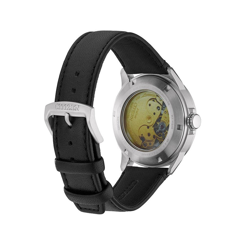 orologio uomo citizen automatico super titanio, solo tempo quadrante nero e cinturino in pelle nero NH9120-11E variante1
