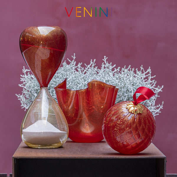 VENINI Pallina di Natale Rossa con Foglia Oro in Vetro Soffiato di Murano 199.05 RV F. ORO Variante1