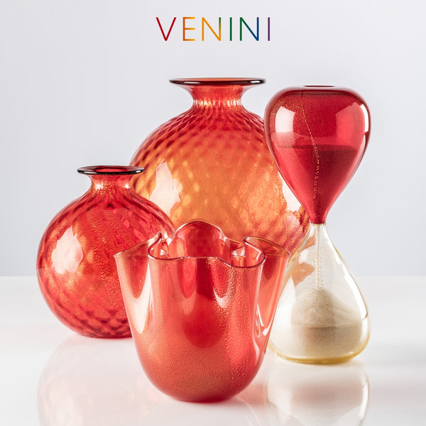 VENINI vaso monofiore Balloton grande rosso foglia oro in vetro soffiato di Murano 100.18 Variante