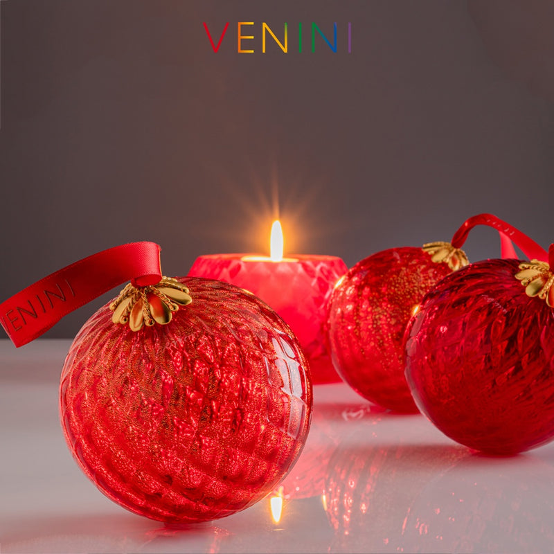 VENINI Pallina di Natale Rossa con Foglia Oro in Vetro Soffiato di Murano 199.05 RV F. ORO Variante2
