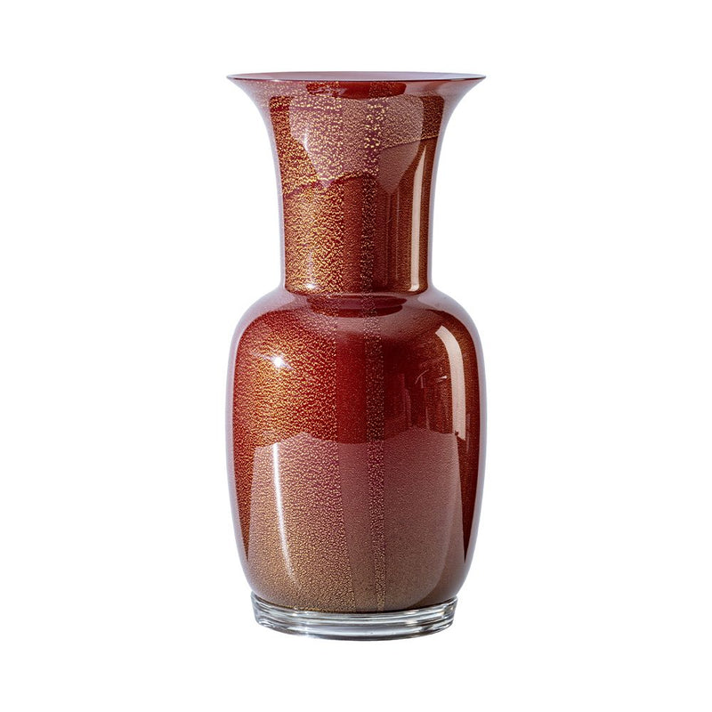 vaso venini opalino esterno rosso sangue di bue con foglia oro ed interno rosa cipria in vetro soffiato di Murano 706.24