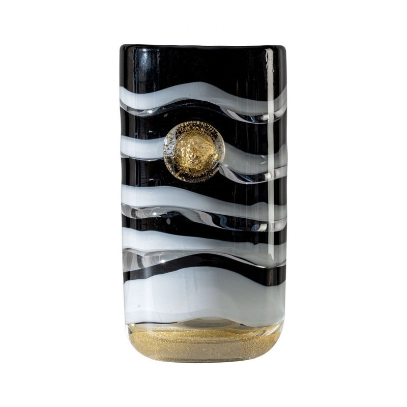 Venini Vaso Versace Gessato in vetro soffiato di Murano color nero e bianco con particolari in foglia oro 010.25