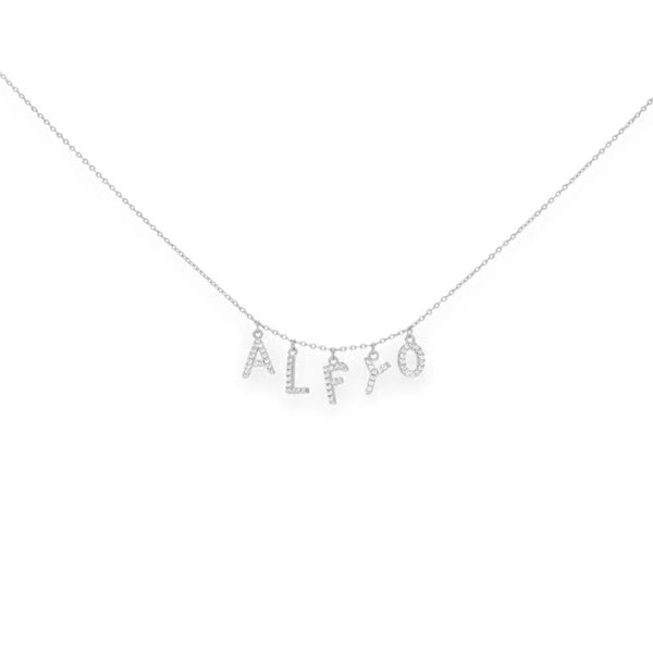 ALFYO Collana Call Me by Your Name in argento con pendenti con zirconi che formano il nome Alfyo