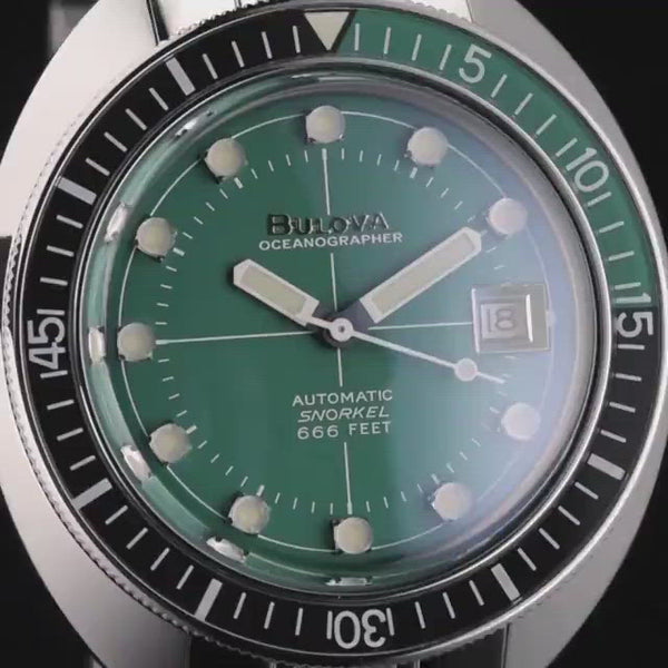 BULOVA Video Orologio Automatico Datario Uomo con Cassa Rotonda Quadrante Verde e Cinturino in Acciaio 96B322