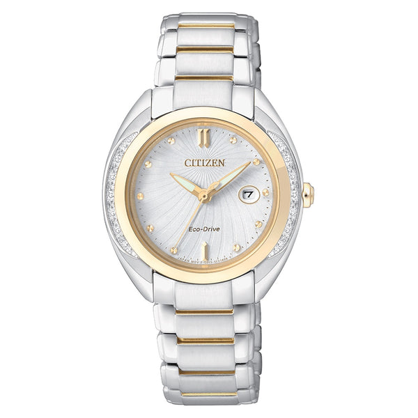 CITIZEN Orologio al Quarzo Datario Donna con Cassa con Diamanti Quadrante Argento e Cinturino in Acciaio Bicolore EW2254-58A