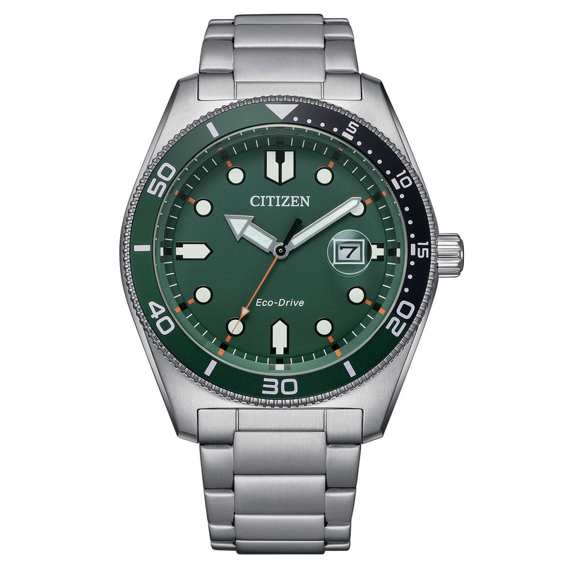 Orologio Uomo Citizen Eco-Drive con quadrante verde e bracciale in acciaio OF Marine AW1768-80X