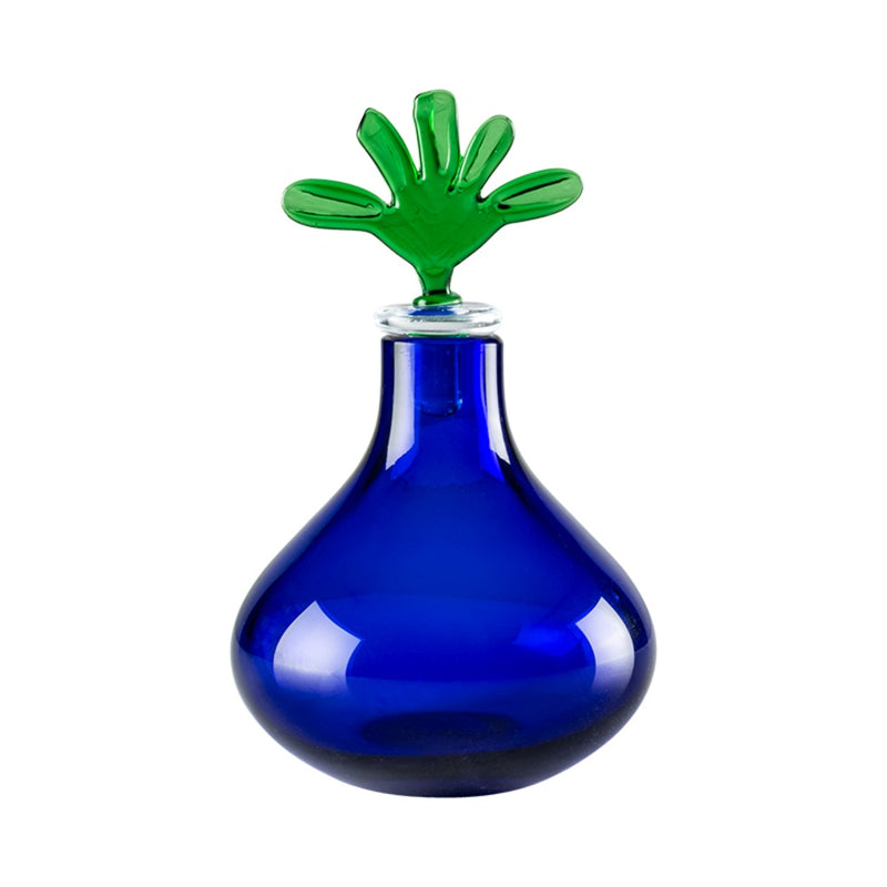 VENINI Vaso Monofiore Blu con Tappo Verde in Vetro Soffiato di Murano 100.41