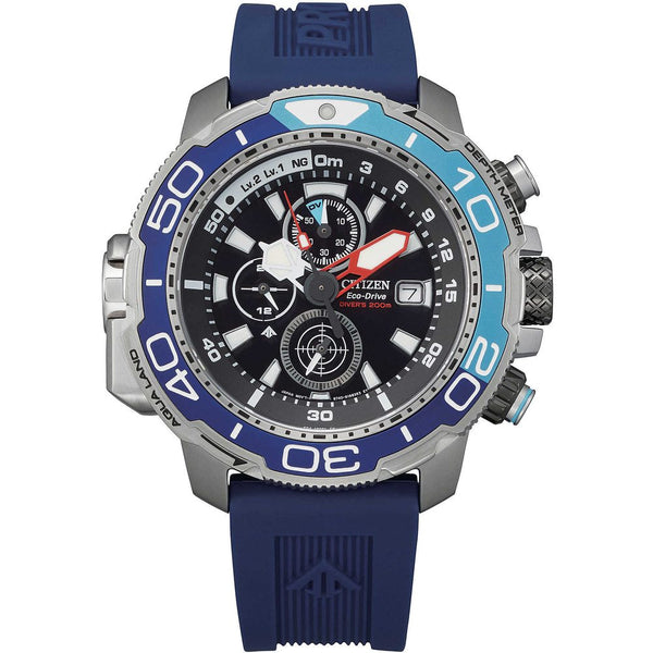 orologio uomo citizen promaster aqualand cronografo, quadrante nero con ghiera blu e cinturino in silicone blu BJ2169-08E