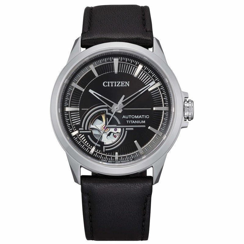 orologio uomo citizen automatico super titanio, solo tempo quadrante nero e cinturino in pelle nero NH9120-11E