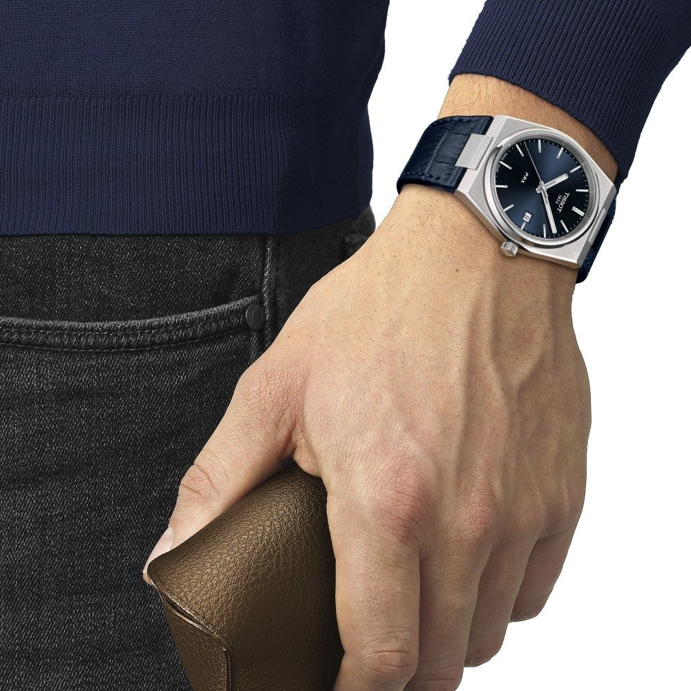 Tissot Orologio da uomo PRX 316L con cassa in acciaio inossidabile al quarzo, blu, pelle, 12 (T1374101604100
