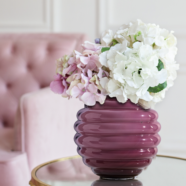 vaso venini deco magenta con ortensie