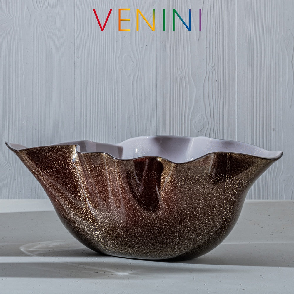 Venini Vaso Venere Fazzoletto vetro di Murano rosso sangue e rosa cipria  con foglia oro